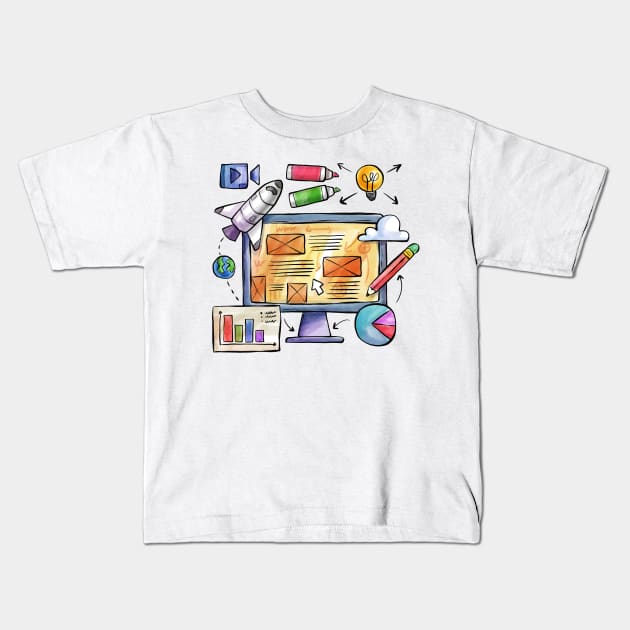 Web Design Watercolor Kids T-Shirt by Mako Design 